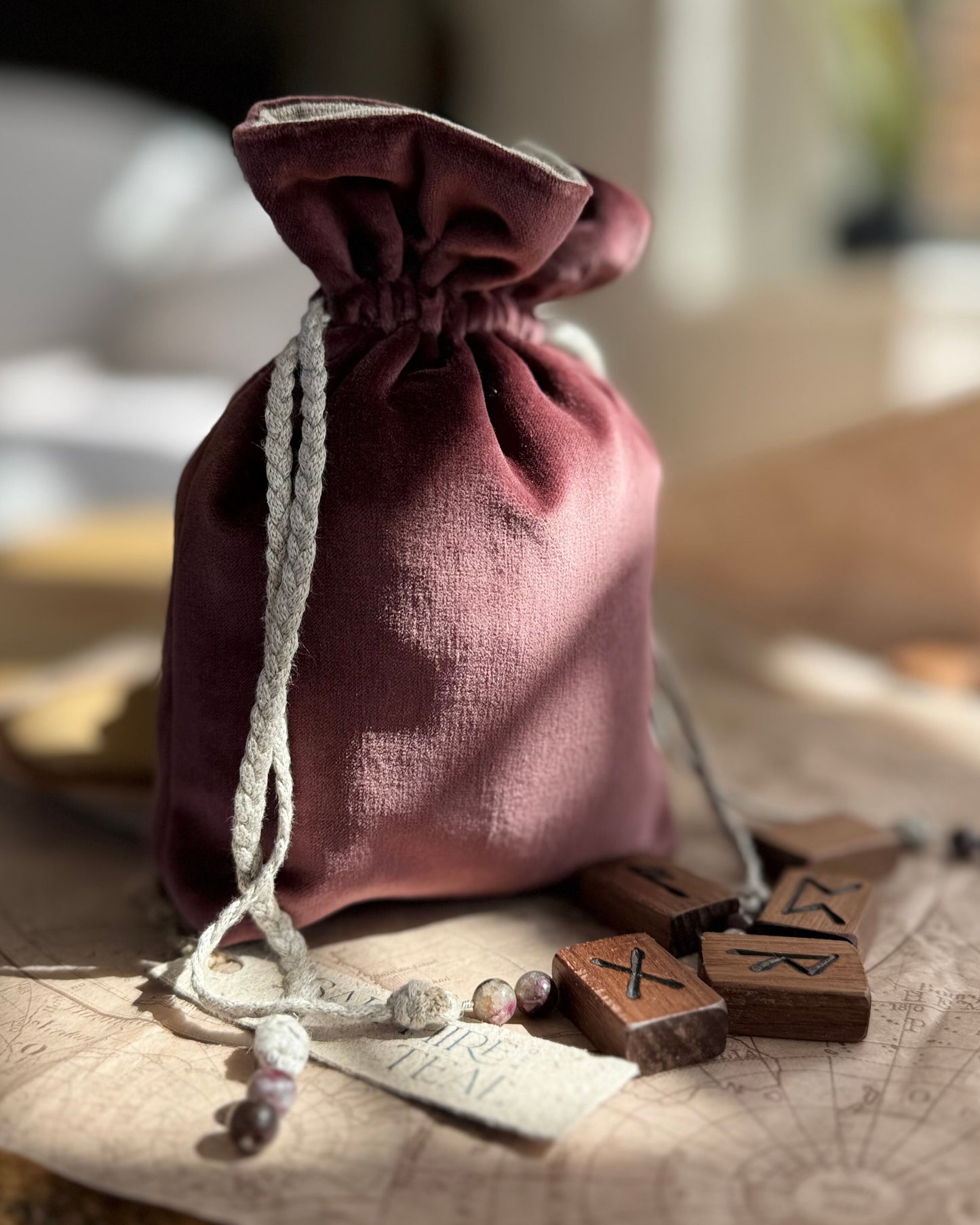 Handmade Italian Ponto Hazelnut Velvet & Natural Linen Rune Bag
