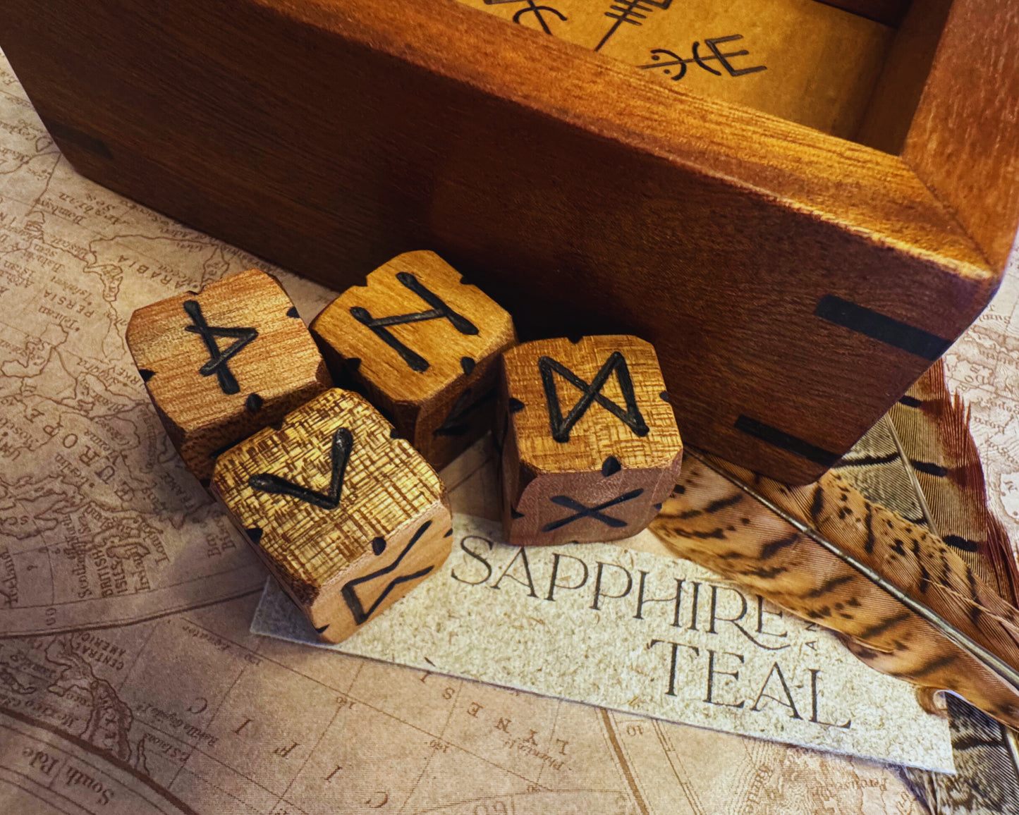 Handcrafted Wooden Rune Dice – Reclaimed Sapele Hardwood (Set of 4, Elder Futhark)