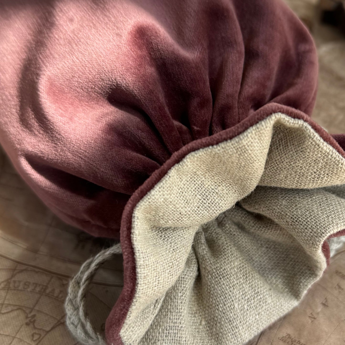 Handmade Italian Ponto Hazelnut Velvet & Natural Linen Rune Bag