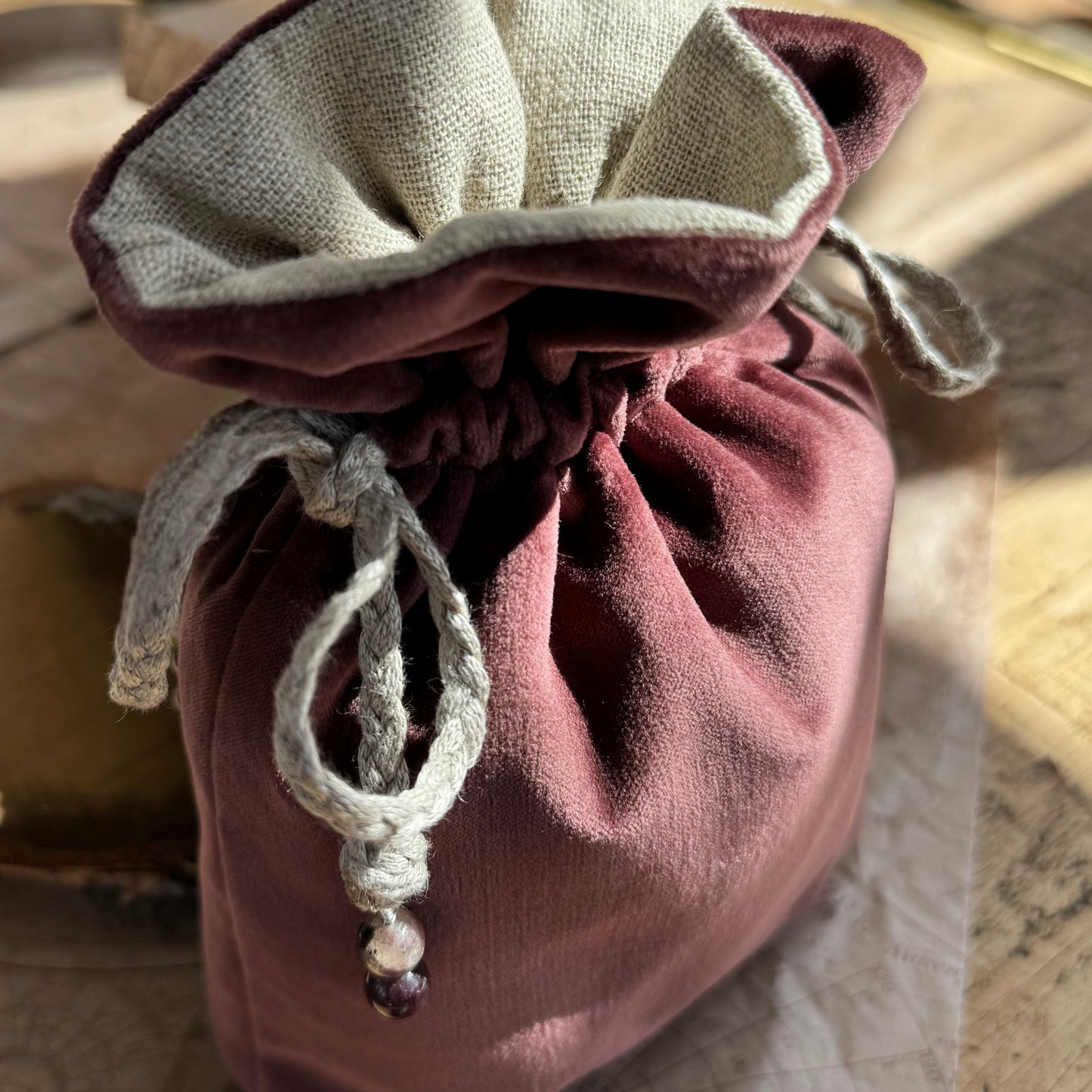 Handmade Italian Ponto Hazelnut Velvet & Natural Linen Rune Bag