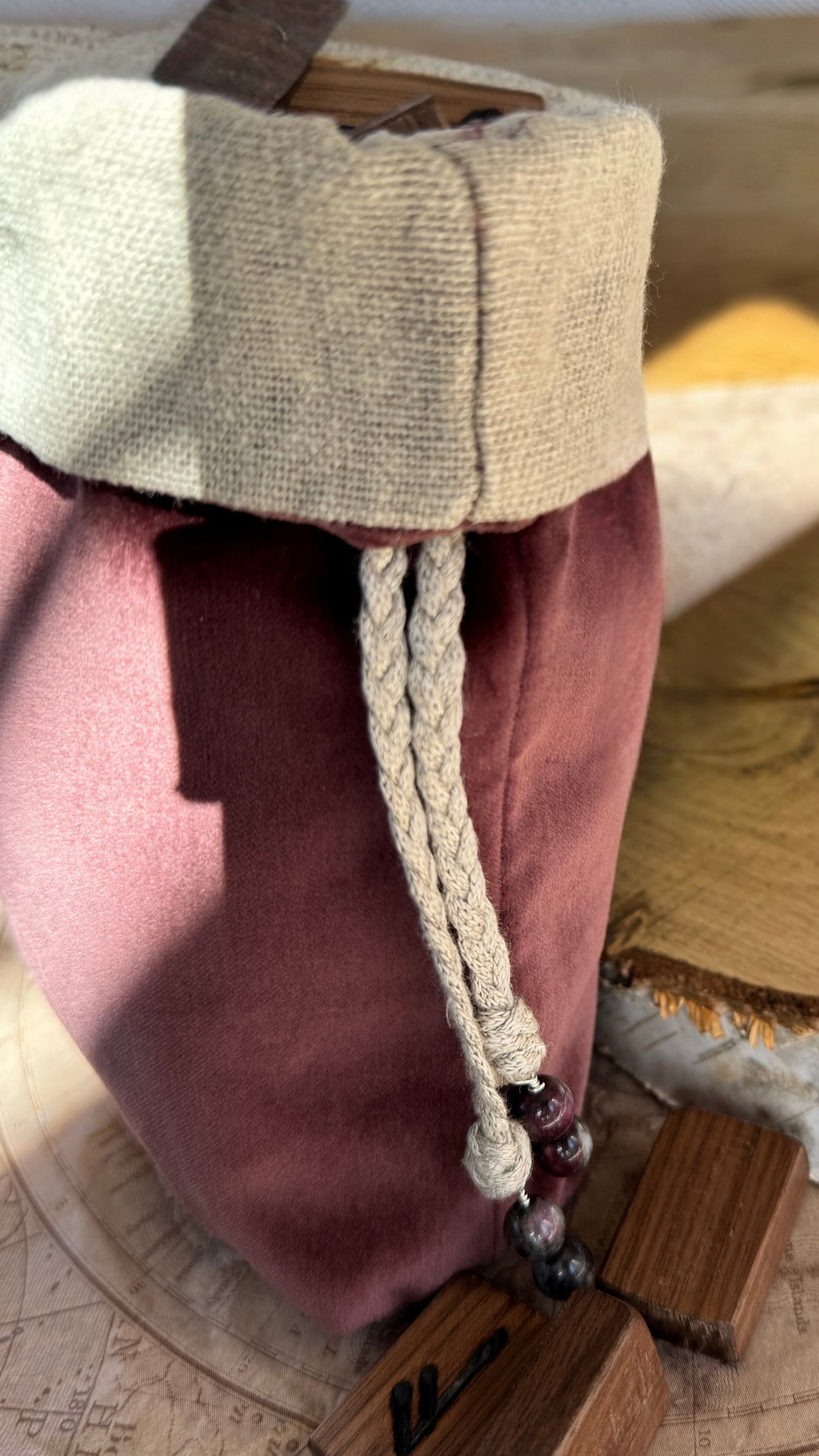Handmade Italian Ponto Hazelnut Velvet & Natural Linen Rune Bag