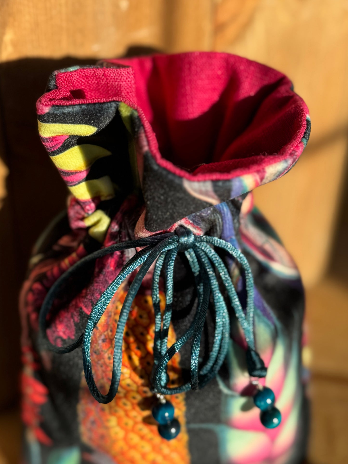 Handmade Tropical Velvet & Deep Cerise Pink Linen Rune Bag