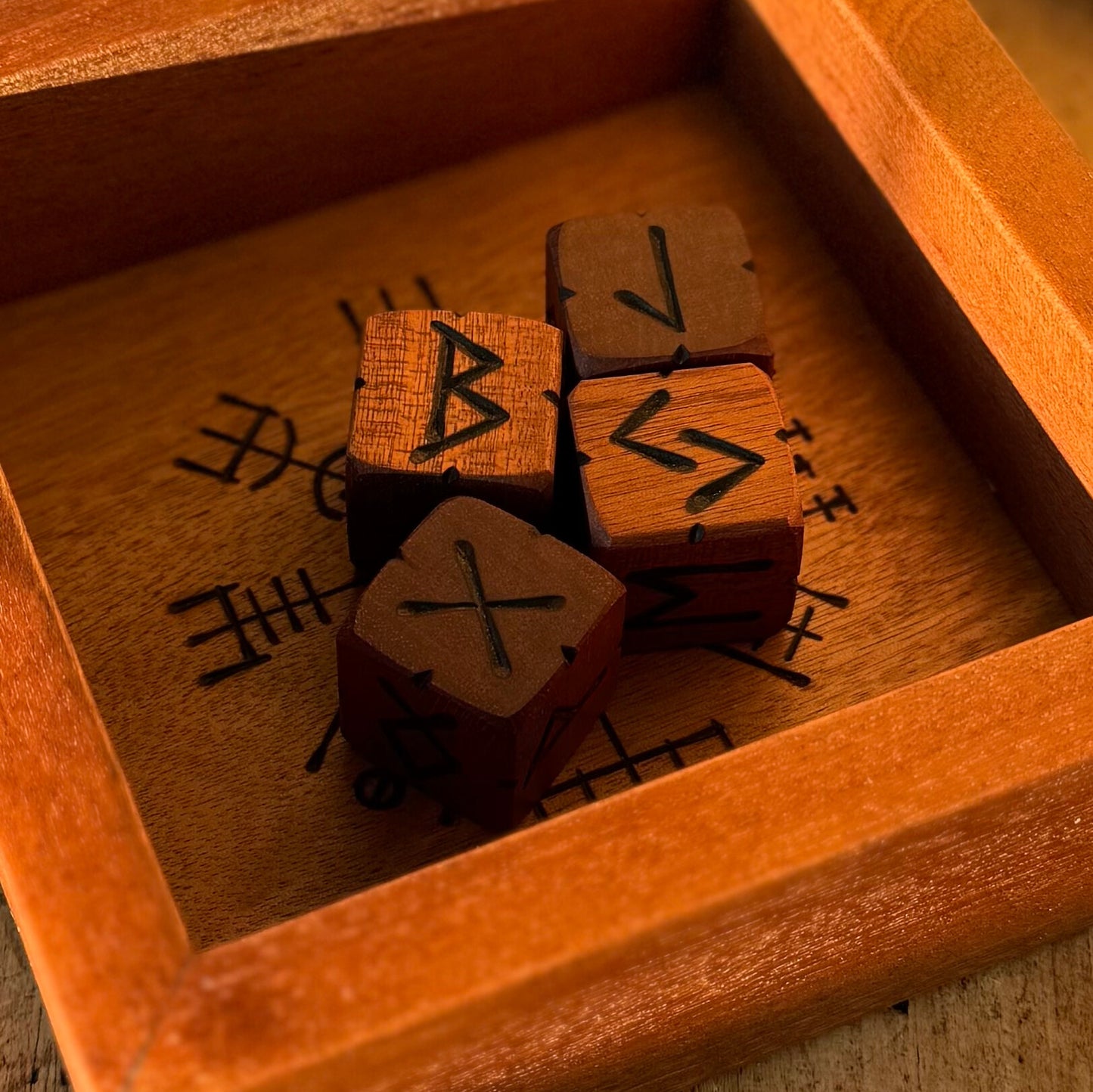 Handcrafted Wooden Rune Dice – Reclaimed Sapele Hardwood (Set of 4, Elder Futhark)