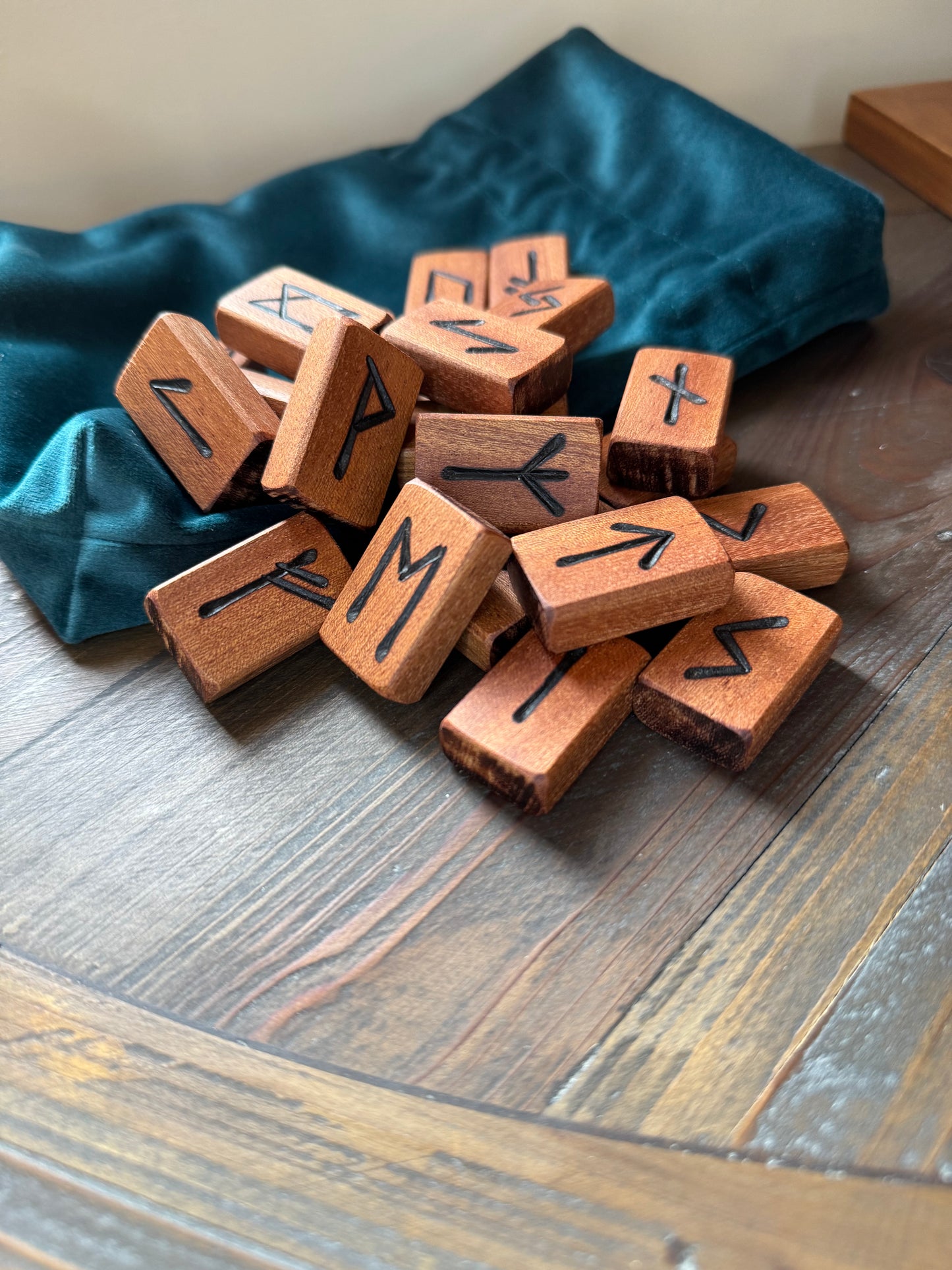 Handcrafted Wooden Rune Set – Reclaimed Sapele Hardwood (25 Runes)