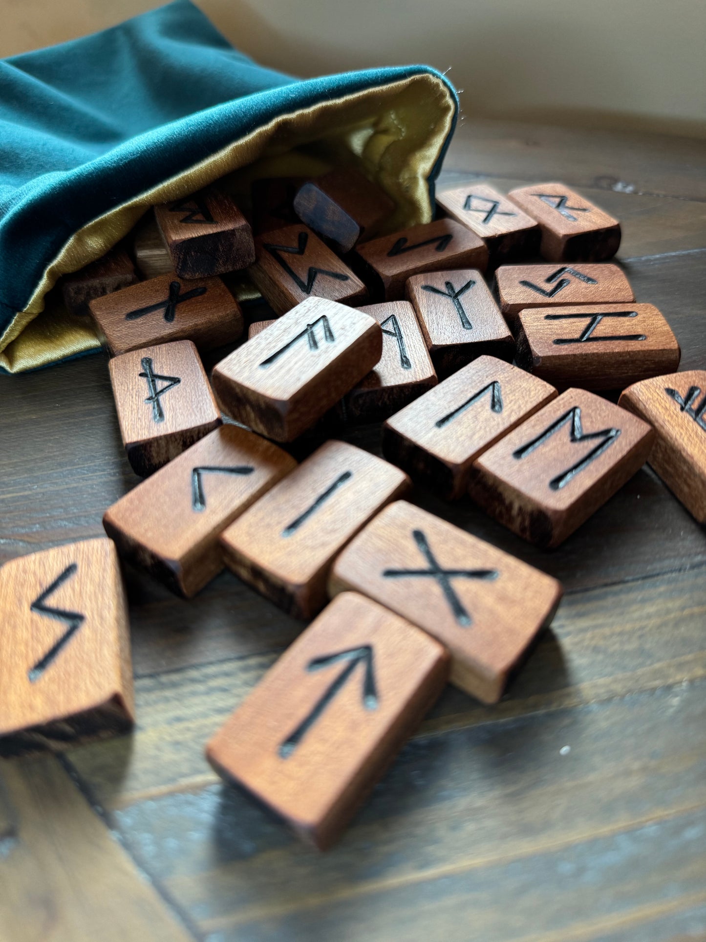 Handcrafted Wooden Rune Set – Reclaimed Sapele Hardwood (25 Runes)