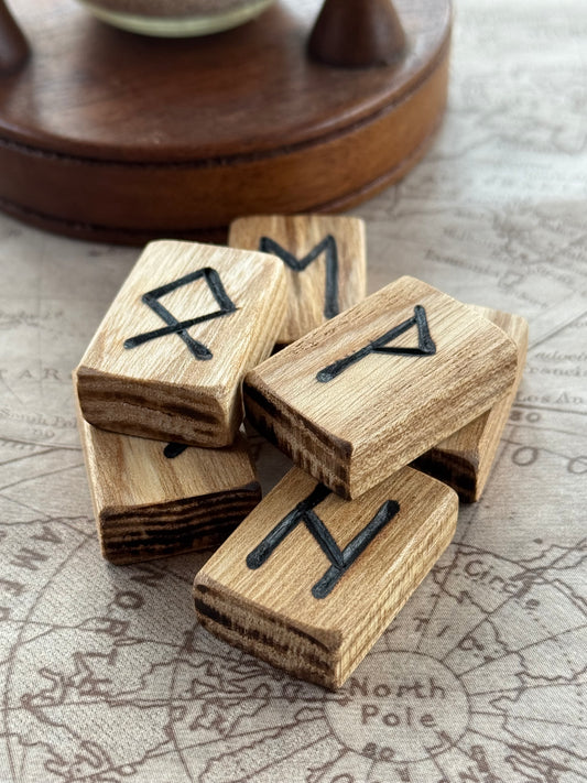 Ash Wood Rune Tiles – Handcrafted 25-Rune Set