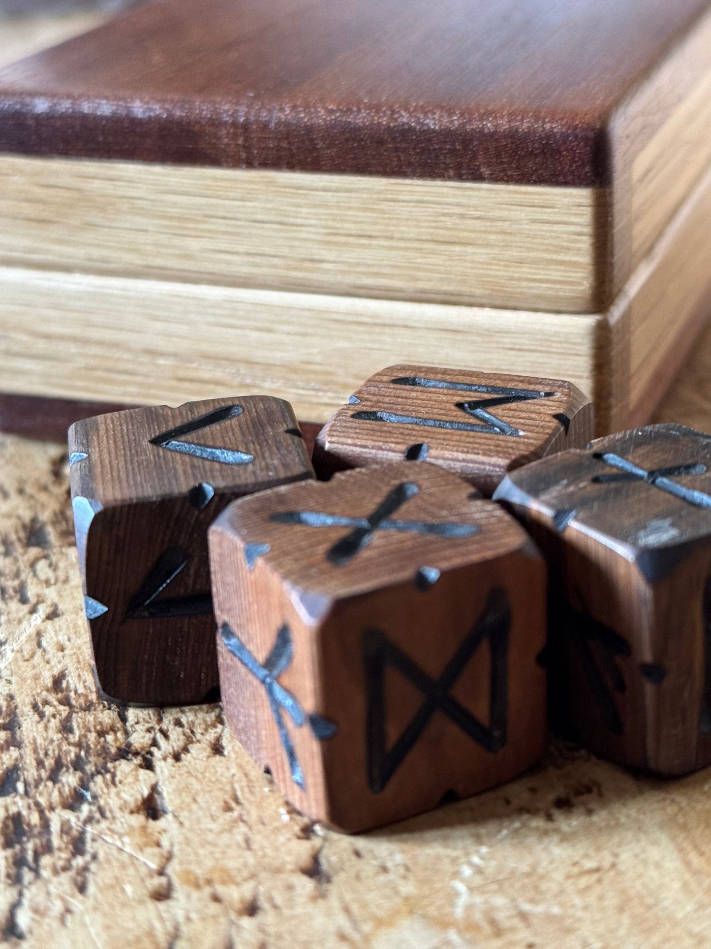 Bog Yew Rune Dice Set with Handmade Oak Presentation Box