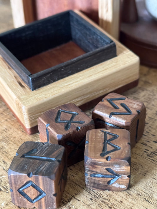 Bog Yew Rune Dice Set with Handmade Oak Presentation Box
