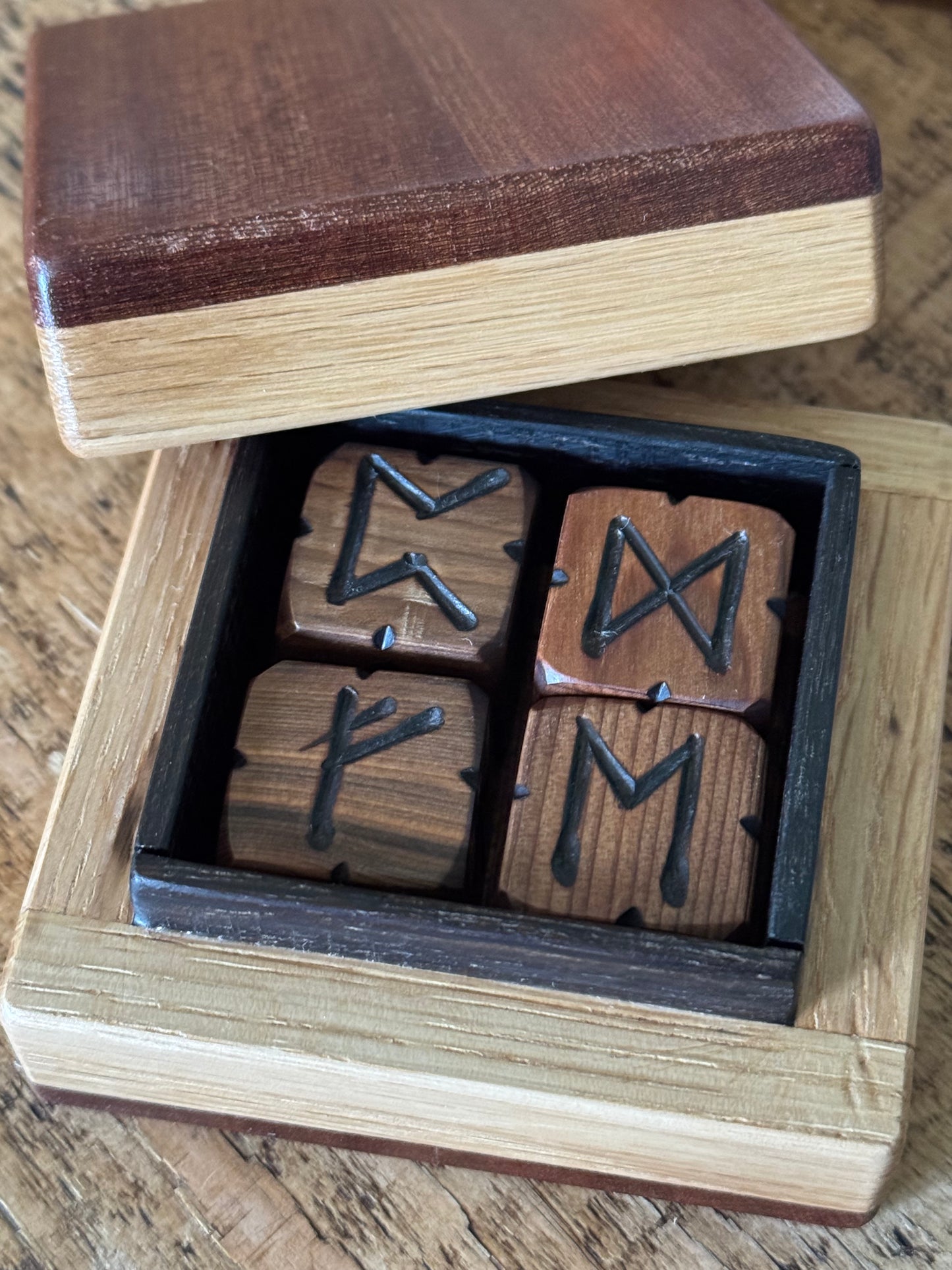Bog Yew Rune Dice Set with Handmade Oak Presentation Box