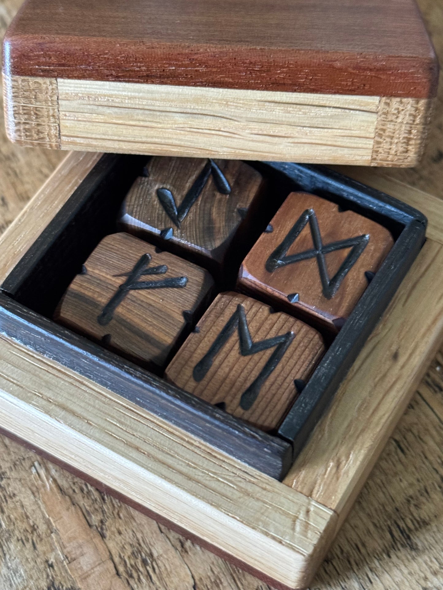 Bog Yew Rune Dice Set with Handmade Oak Presentation Box