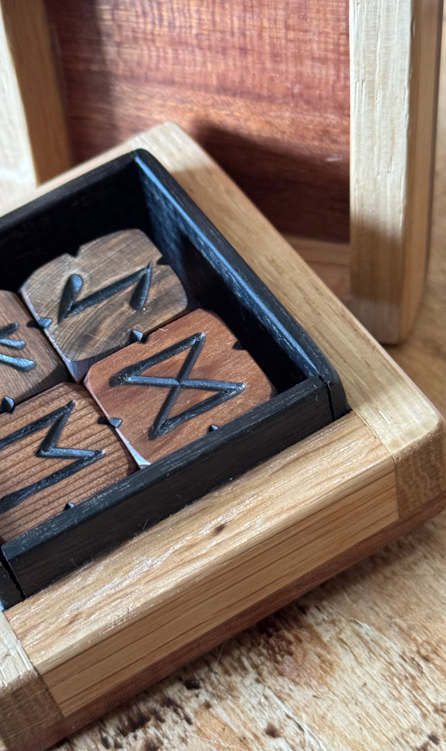 Bog Yew Rune Dice Set with Handmade Oak Presentation Box
