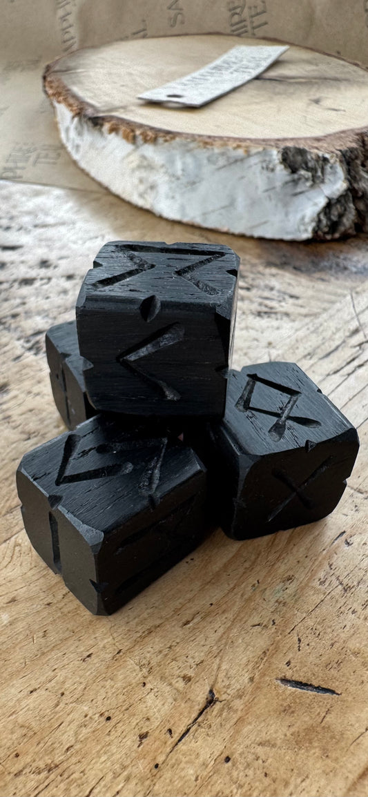 Bog Oak Rune Dice Set with Handmade Oak Presentation Box