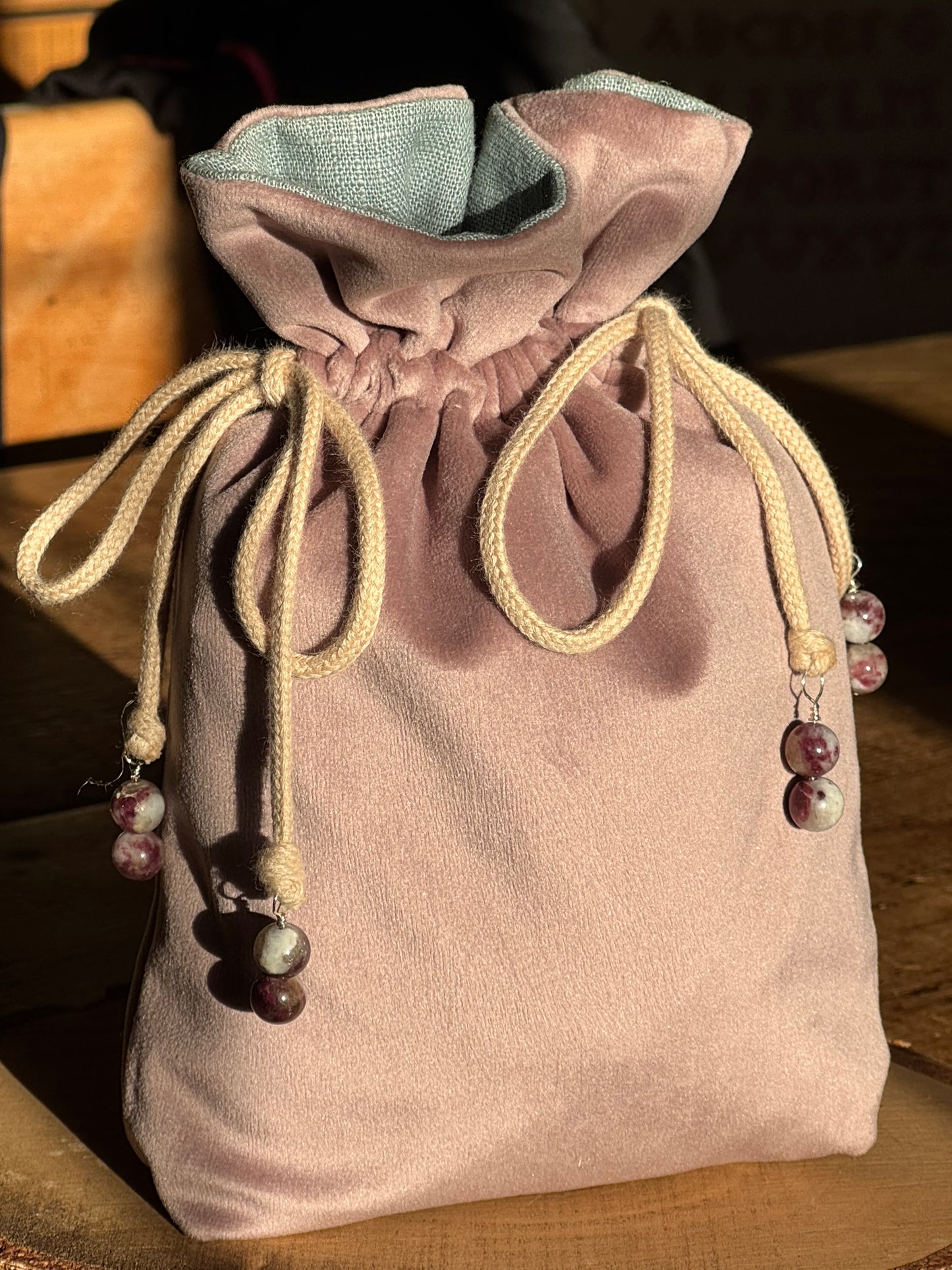 Handmade blush pink velvet rune bag with duck egg linen lining and cherry tourmaline beads