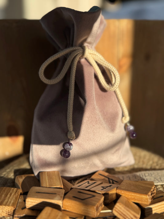 Handmade Blush Pink Velvet & Duck Egg Blue Linen Rune Bag