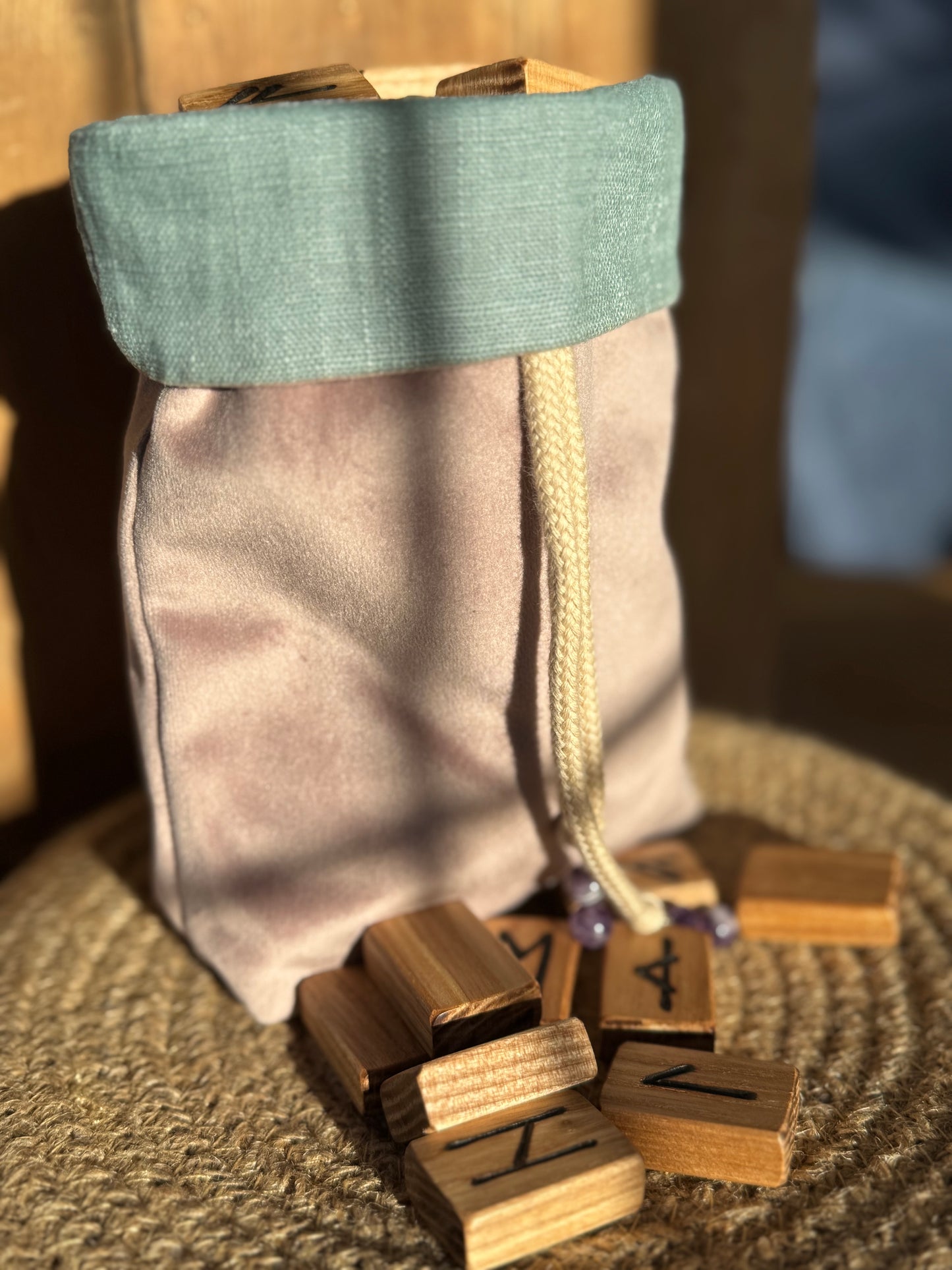 Handmade Blush Pink Velvet & Duck Egg Blue Linen Rune Bag