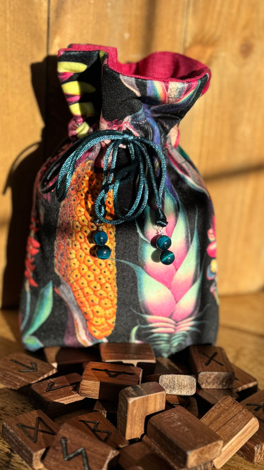 Handmade Tropical Velvet & Deep Cerise Pink Linen Rune Bag