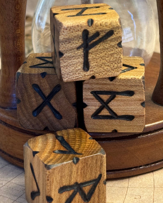 Handcrafted Wooden Rune Dice – English Elm (Set of 4, Elder Futhark)