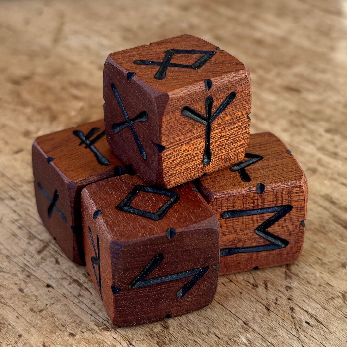 Handcrafted Wooden Rune Dice – Reclaimed Sapele Hardwood (Set of 4, Elder Futhark)
