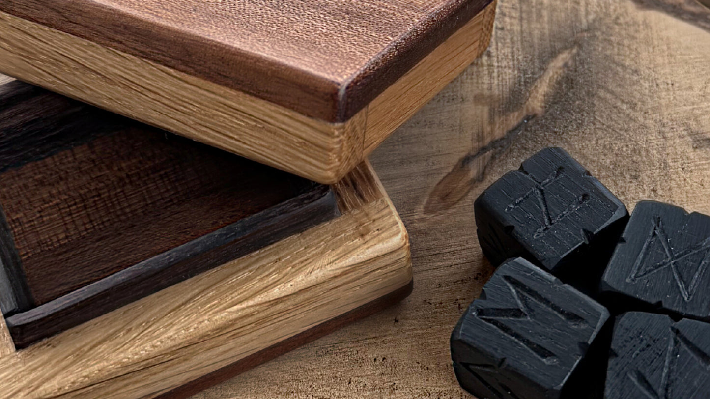 Bog Oak Rune Dice Set with Handmade Oak Presentation Box