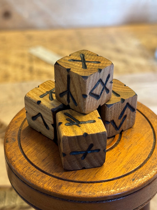 Handcrafted Wooden Rune Dice – English Elm (Set of 4, Elder Futhark)