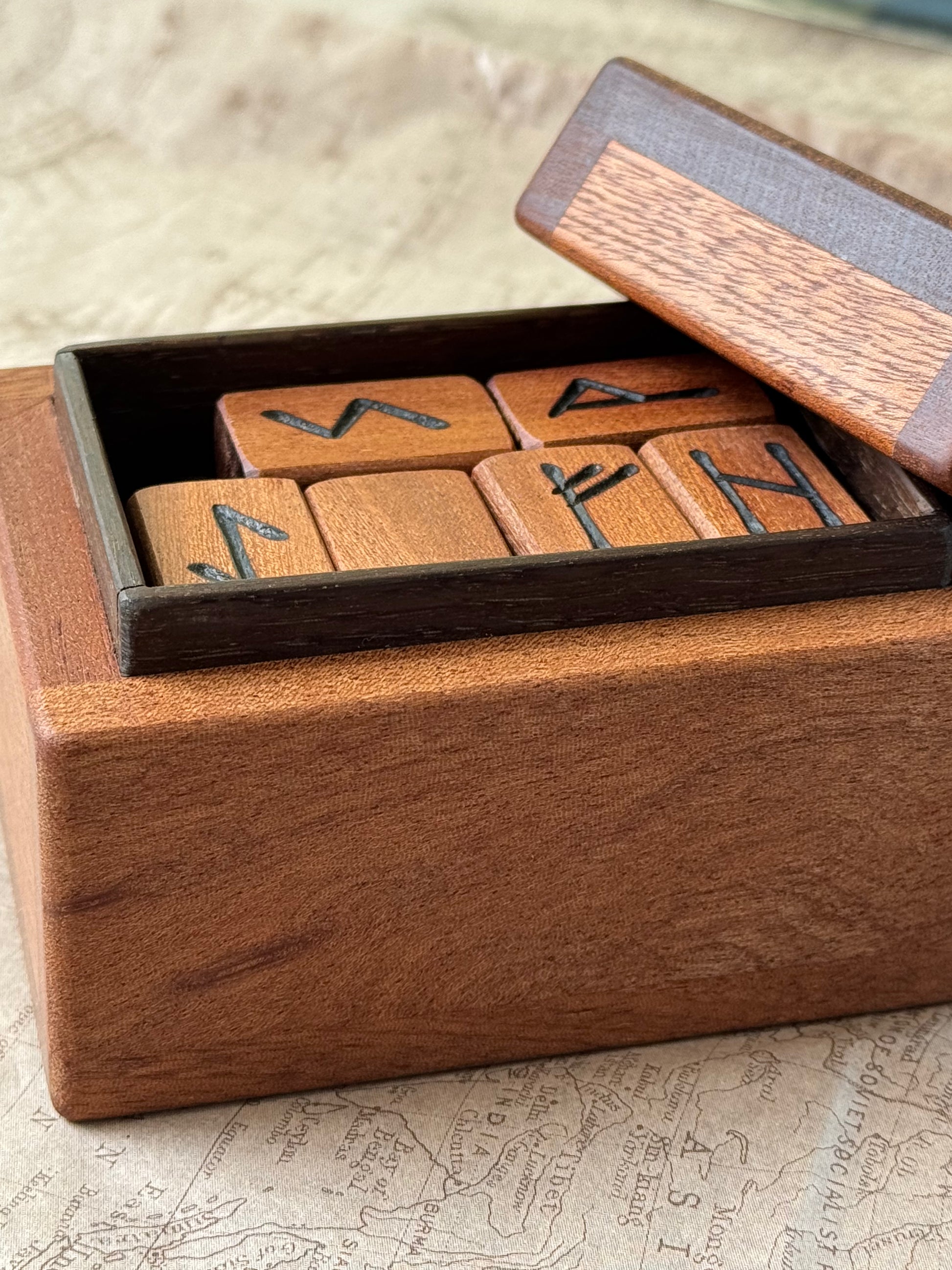 Metal Rune Box Handmade Mahogany Rune Box with Bog Oak Inlay – Sapphire and Teal