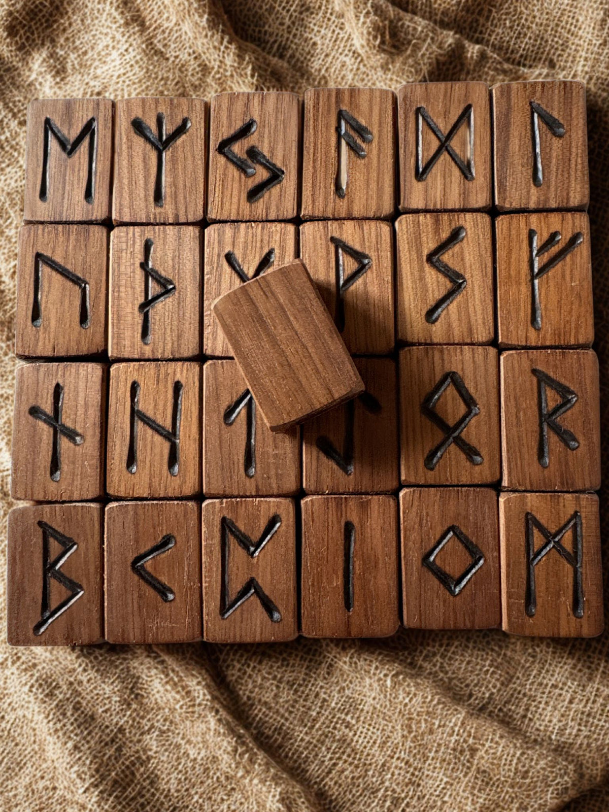 Runic Tile Set Black Walnut Rune Tiles – Handcrafted 25-Rune Set – Sapphire and Teal