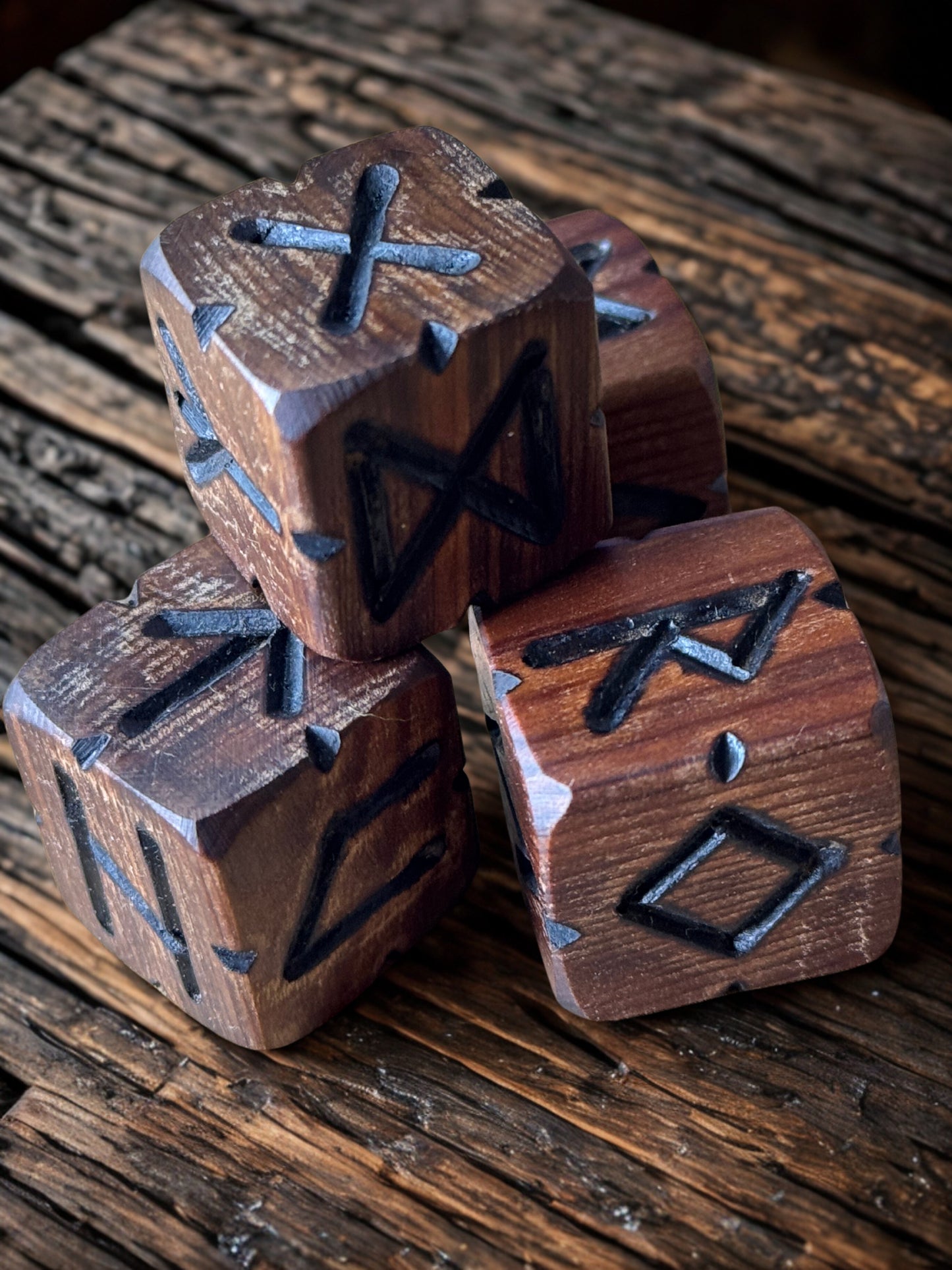 4 wooden rune dice made from ancient bog yet