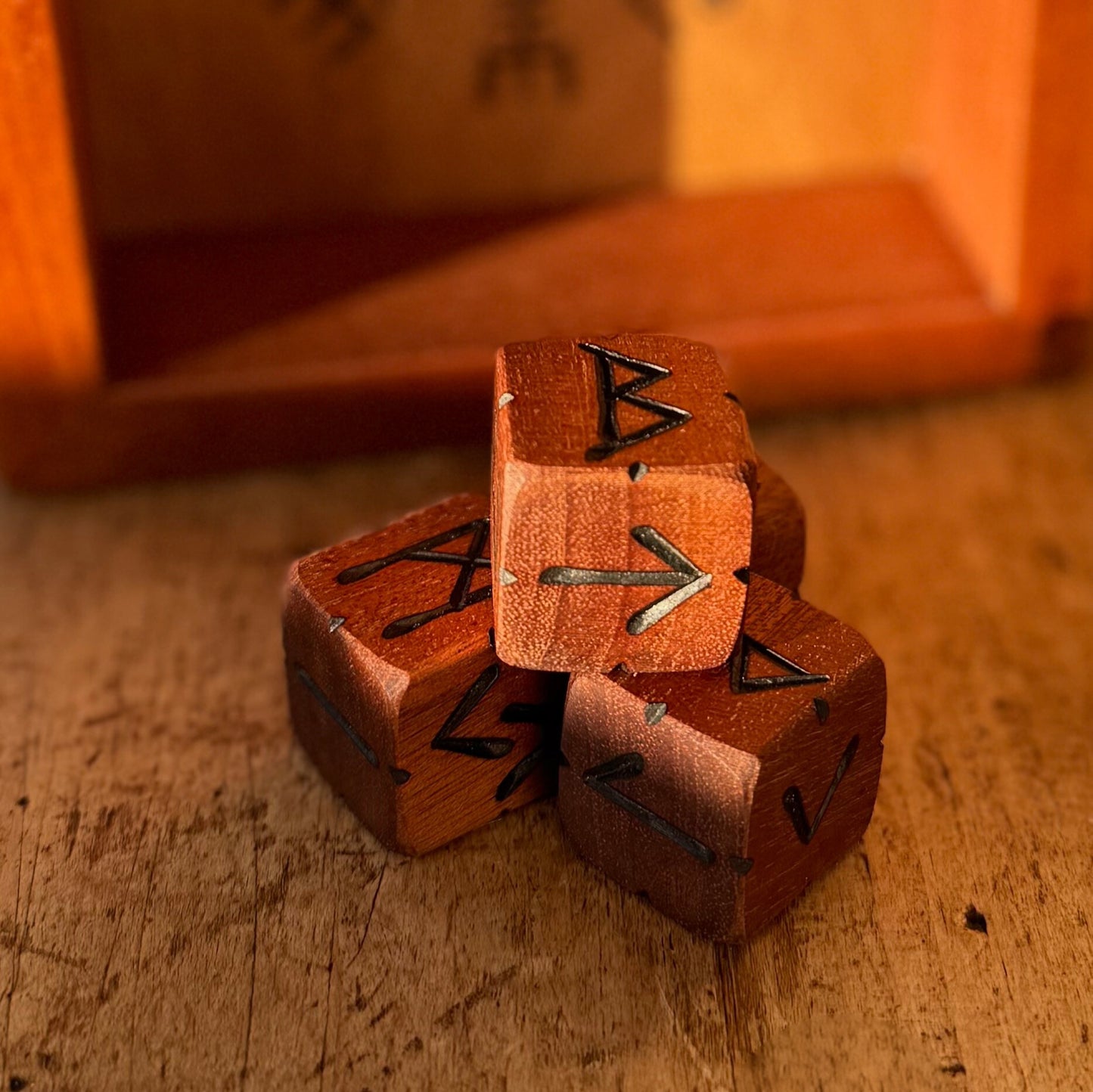 Handcrafted Wooden Rune Dice – Reclaimed Sapele Hardwood (Set of 4, Elder Futhark)