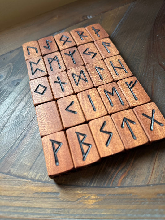 Handcrafted Wooden Rune Set – Reclaimed Sapele Hardwood (25 Runes)