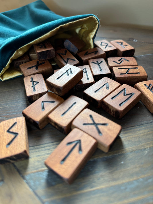 Handcrafted Wooden Rune Set – Reclaimed Sapele Hardwood (25 Runes)