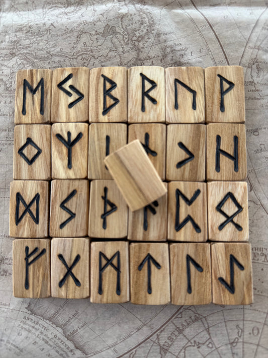Ash Wood Rune Tiles – Handcrafted 25-Rune Set