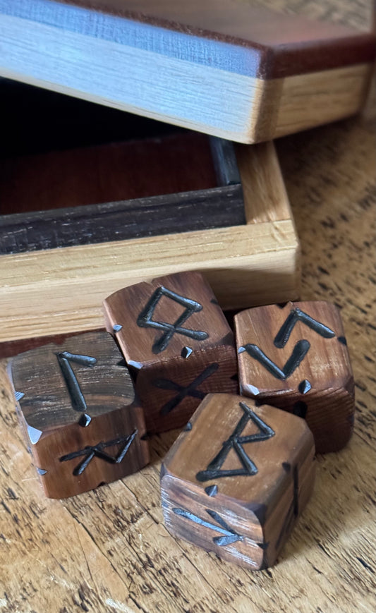 Bog Yew Rune Dice Set with Handmade Oak Presentation Box