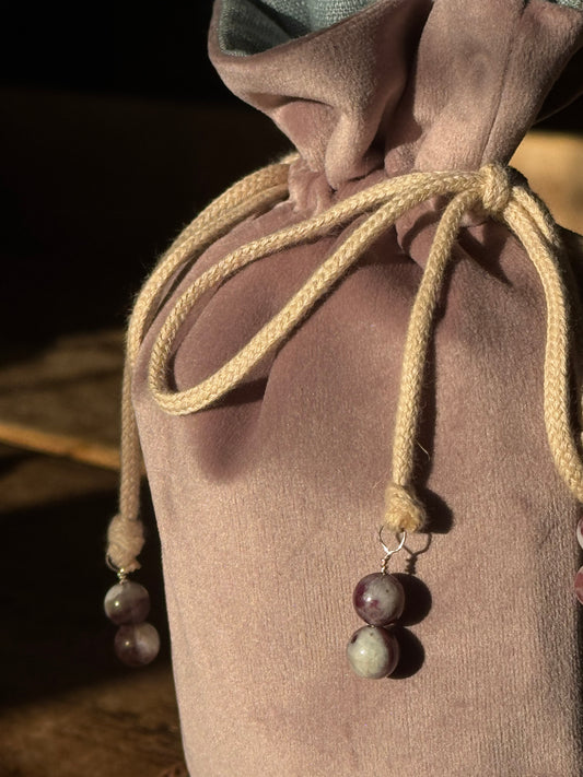 Handmade blush pink velvet rune bag with duck egg linen lining, cream cord drawstring finished in cherry tourmaline beads.