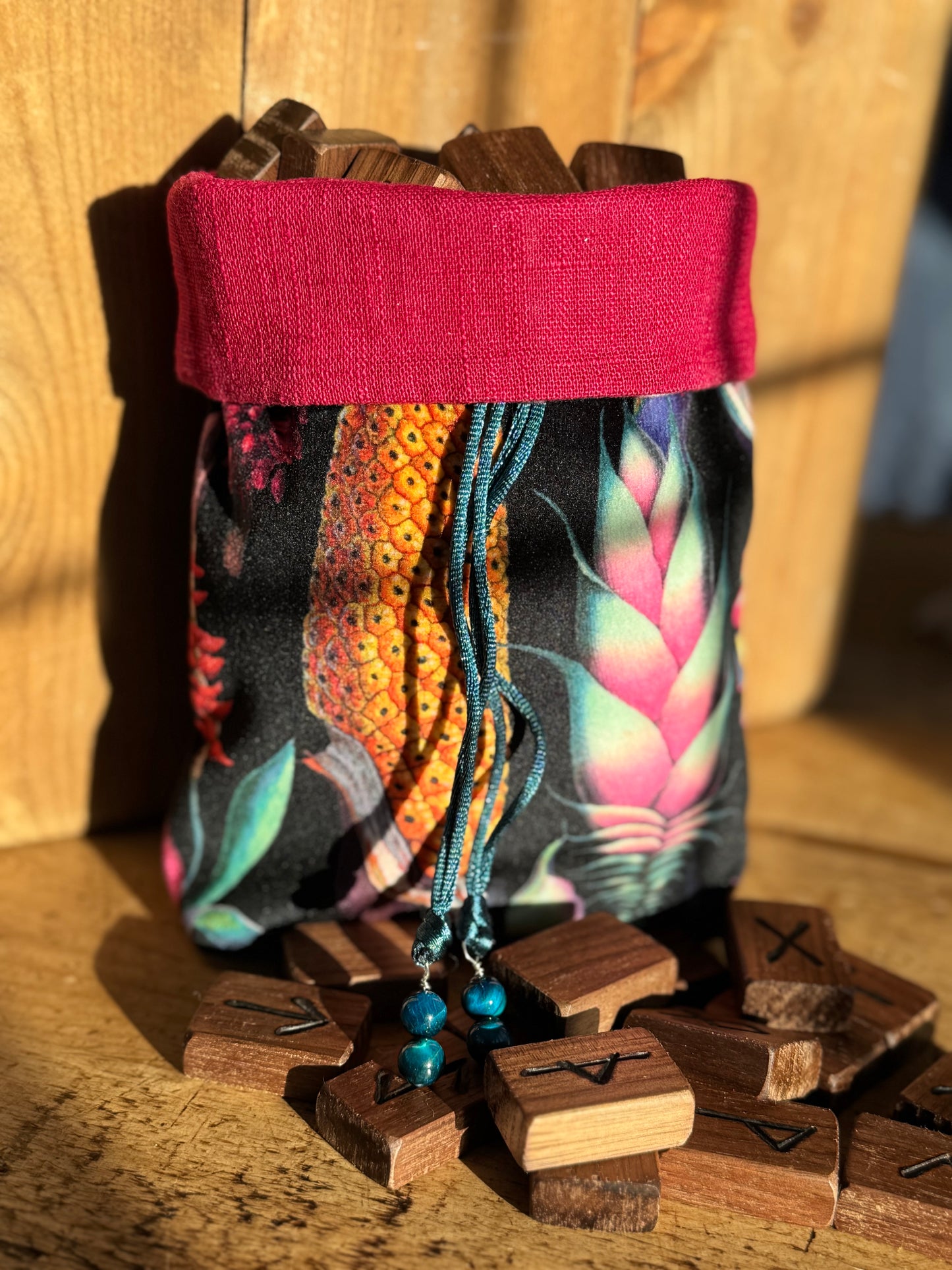 Handmade Tropical Velvet & Deep Cerise Pink Linen Rune Bag