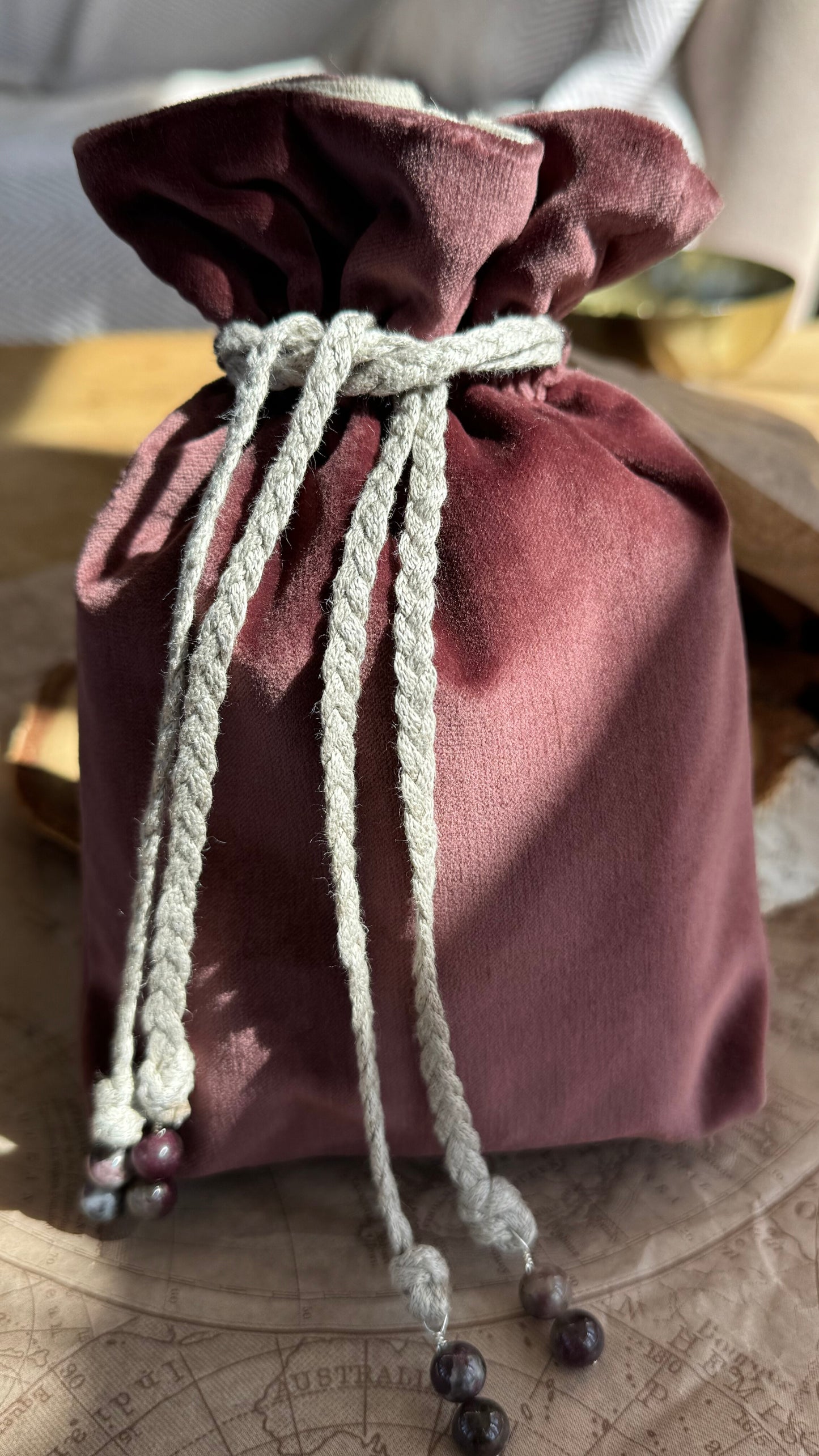 Handmade Italian Ponto Hazelnut Velvet & Natural Linen Rune Bag