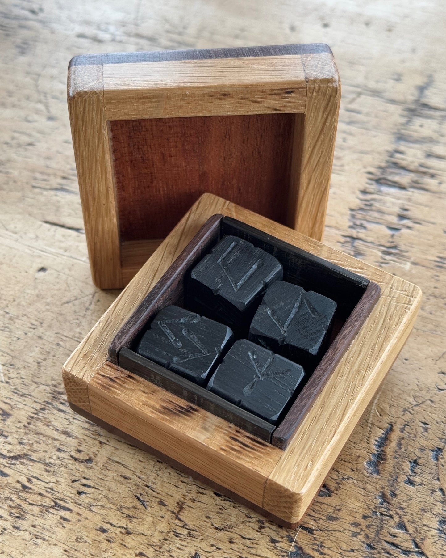 Bog Oak Rune Dice Set with Handmade Oak Presentation Box