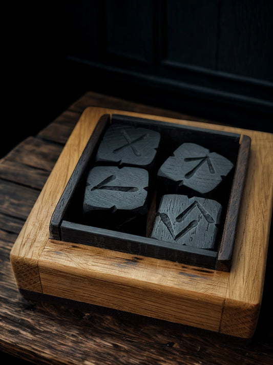 Bog Oak Rune Dice Set with Handmade Oak Presentation Box