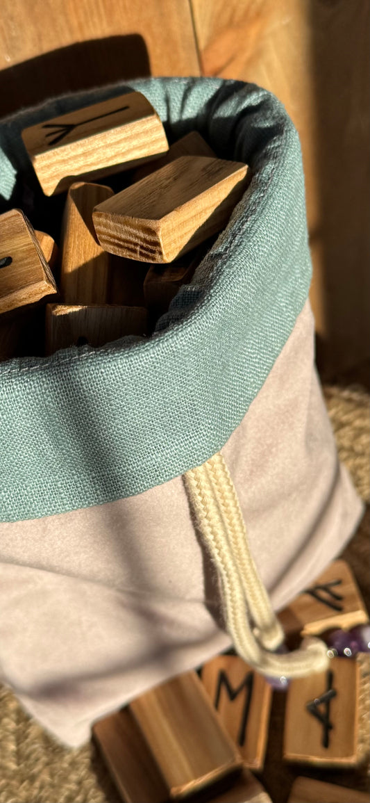 Handmade Blush Pink Velvet & Duck Egg Blue Linen Rune Bag